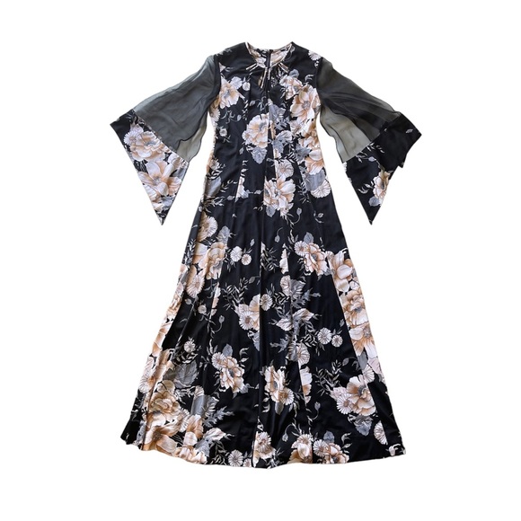 Vintage Dresses & Skirts - Vintage 70s Floral Retro Hippie Maxi Dress with Sheer Butterfly Flared Sleeves